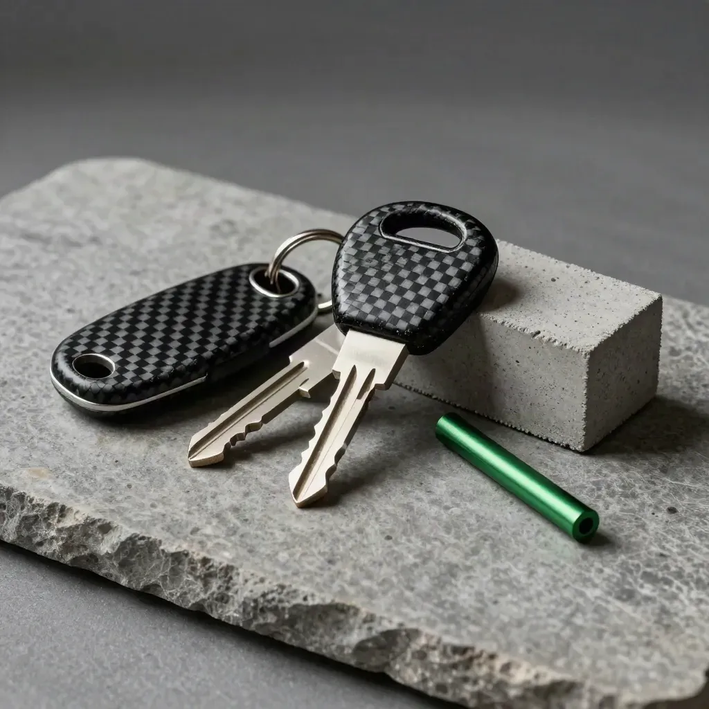 Architecturale hardware-samplekit met carbon key fob, scharnier en betonnen blok op steen.