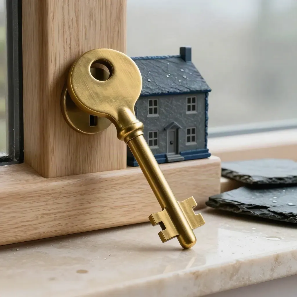 Brushed-brass huissleutel met slotcilinder op eiken drempel, in mistige ochtend na regen.