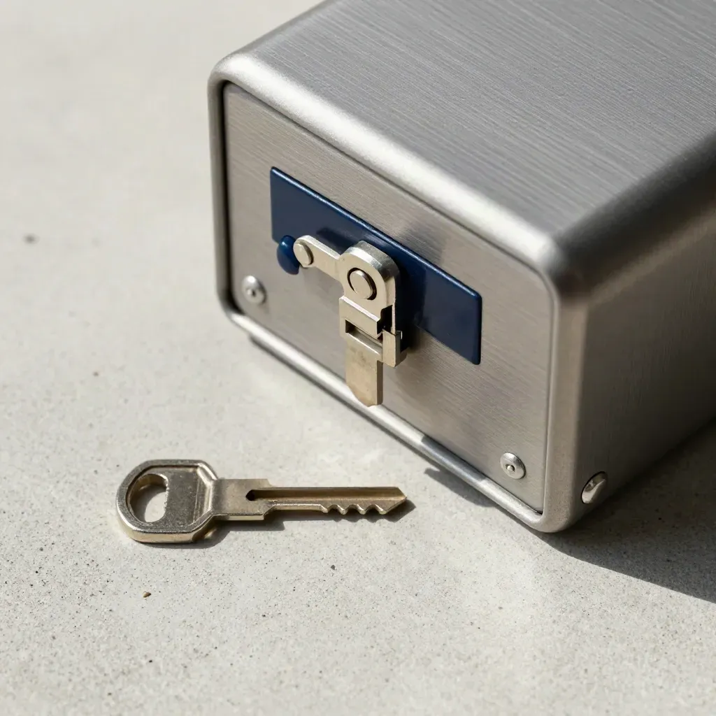 Lockbox, brievenbussleutel en aluminium onderdeel op een betonnen plaat in koel licht.
