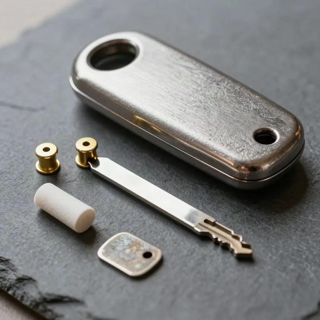 Brushed-steel sleutelhanger met messing pinnen en sleutelblank op een donkere stenen ondergrond.