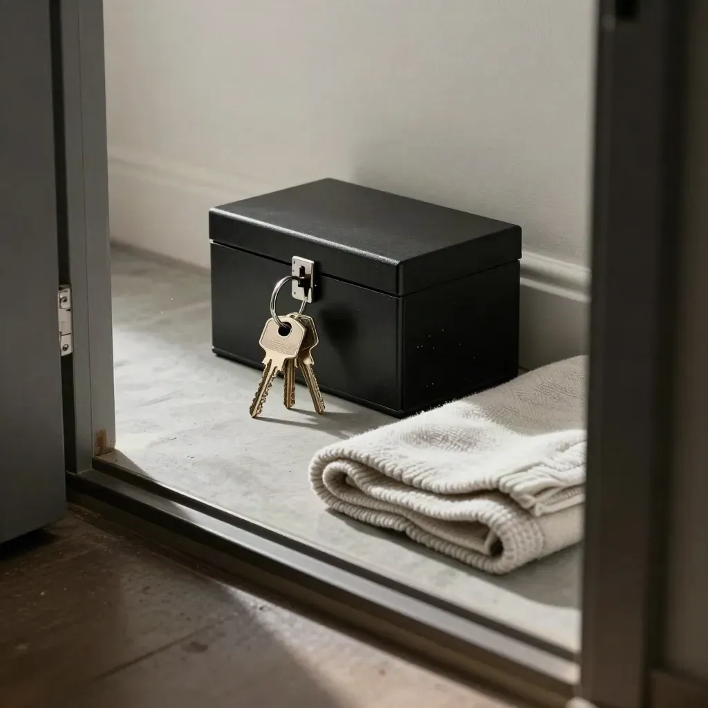 Sleutels, lockbox en opgevouwen verhuisdeken in een deuropening met stof in het licht.