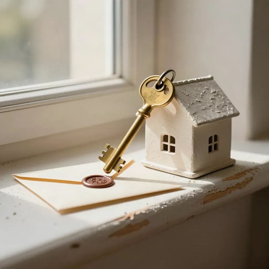 Brass huissleutel, dakmodel en verzegelde envelop op een vensterbank in warm licht.