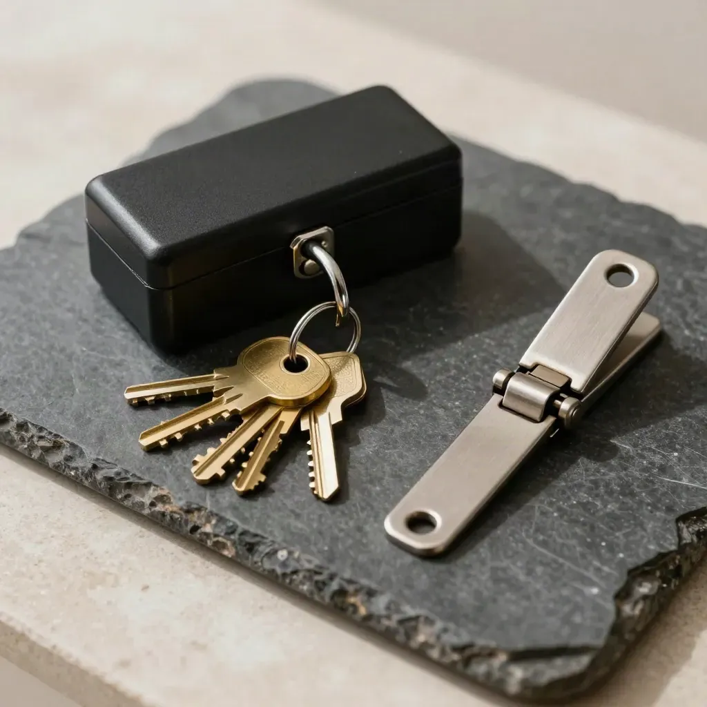 Bovenaanzicht van sleutels, lockbox en deurdranger op donkere steen.