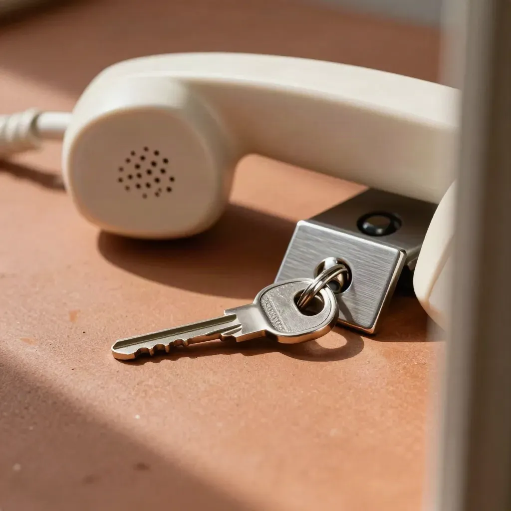Landen handset, reservesleutel en sluitplaat op warme ondergrond in zacht daglicht.