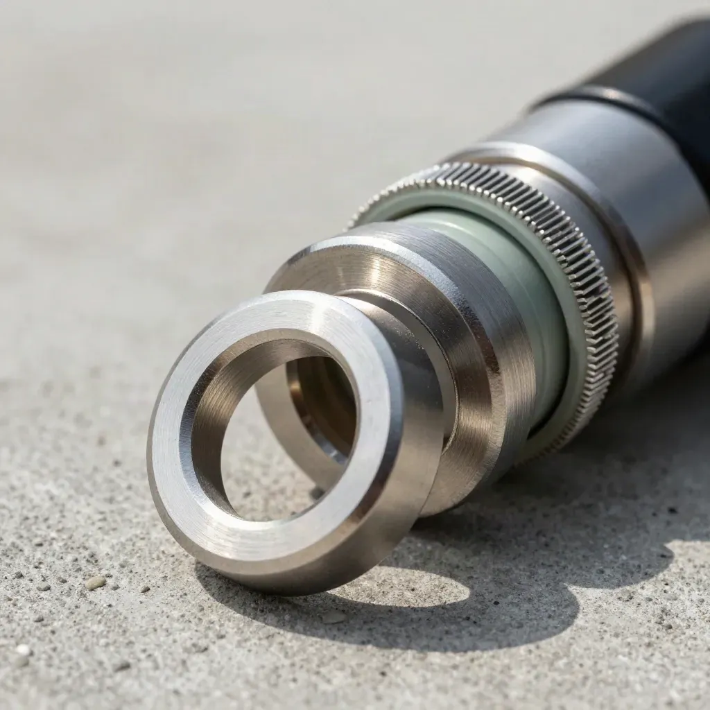 Metalen ringen en connectors op beton in dramatisch licht, met een groen accent.