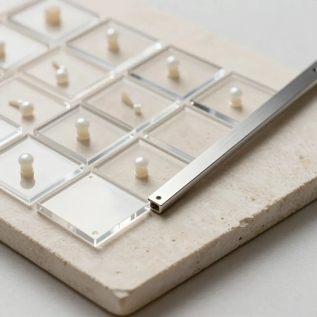 Transparante acryltegels en verbindingsdelen in strak raster op een lichte stenen plaat.