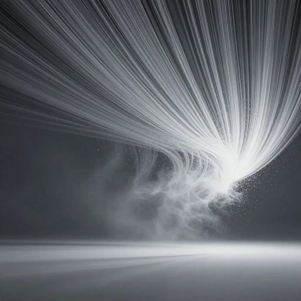Abstracte zilveren lichtfilamenten met een zachte witte gloed in diepe grafietruimte.